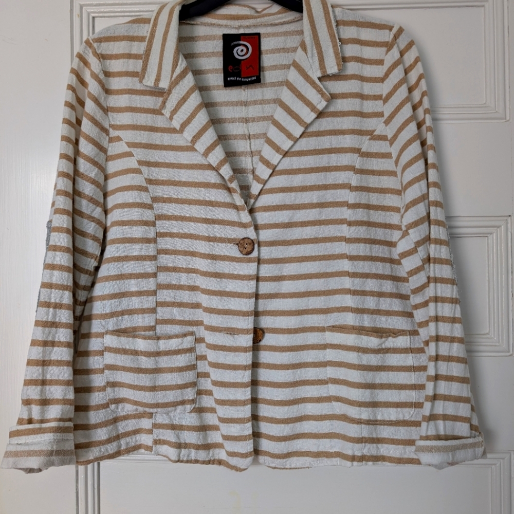 Striped linen jacket with silver sequin detail on elbows and collar. S/M